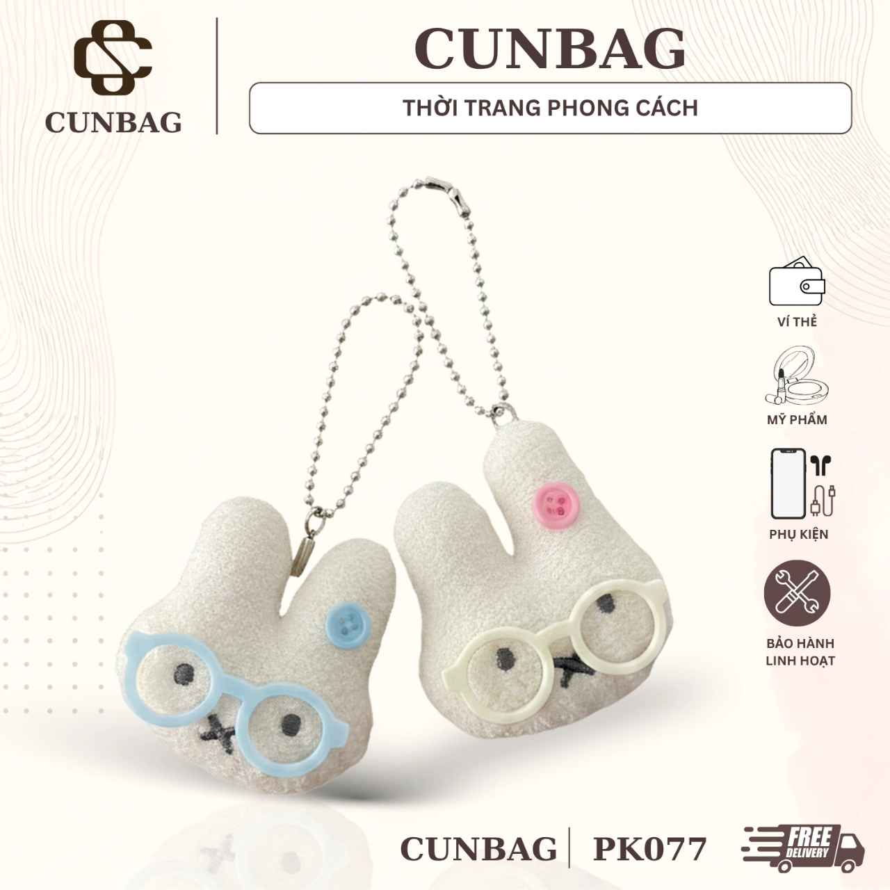Móc Khóa Nữ Cunbag Hình Đầu Thỏ Phụ Kiện Bông Xù Đeo Kính Gắn Nút Áo Dễ Thương PK077